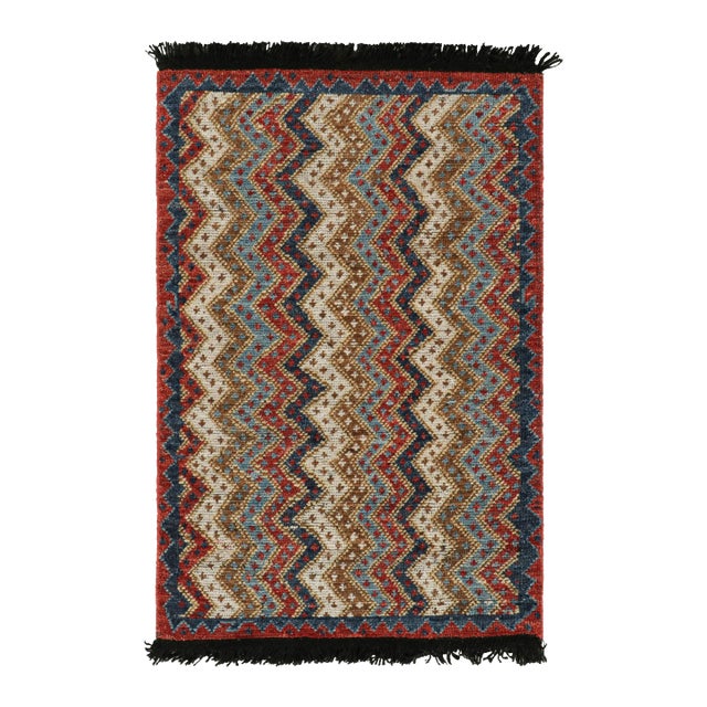 2010s Rug & Kilim’s Antique Tribal Style Rug in Red, Blue and Beige-Brown Chevrons For Sale