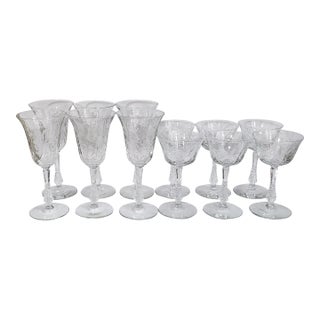 Vintage 20th C Etched Wine & Water Crystal Goblet Glasses - Set of 12 For Sale