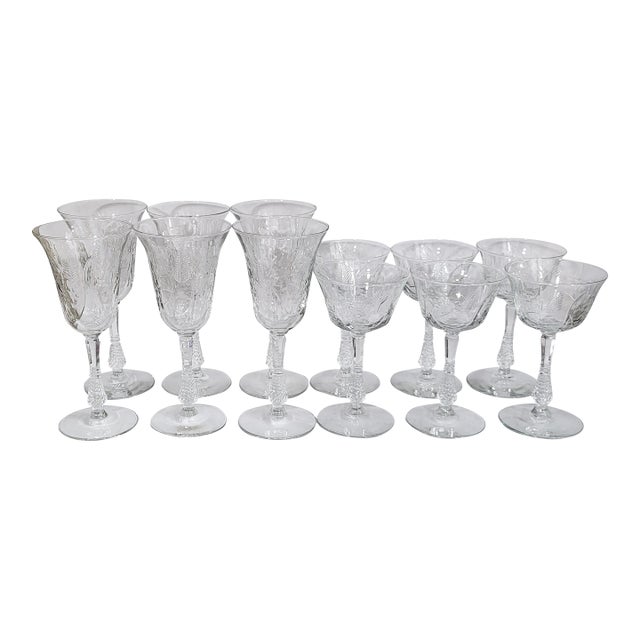 Vintage 20th C Etched Wine & Water Crystal Goblet Glasses - Set of 12 For Sale