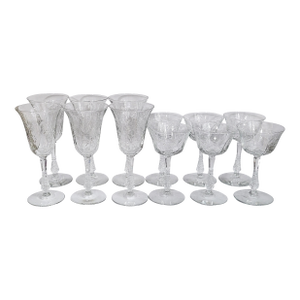 Vintage 20th C Etched Wine & Water Crystal Goblet Glasses - Set of 12