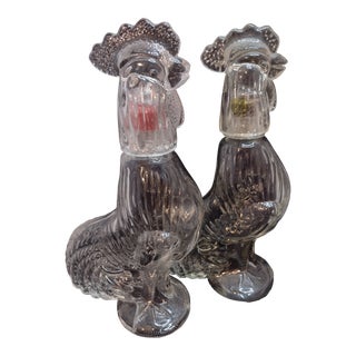 Vintage Pair of French Glass Rooster Decanters For Sale