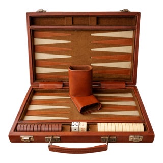 Vintage Backgammon Set Brown Faux Leather Travel Case Complete Game Dice MCM 70s Mid Century Modern Retro For Sale