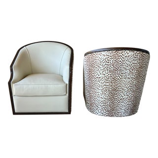 Circa 2020 Spectacular Custom-Designed Top Grain Semi-Aniline Leather & Hair-On-Hide Swivel Barrel Chairs – a Pair For Sale