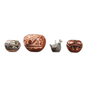 Vintage Jemez/Acoma Polychrome Ceramic Vessels, Signed (4 Pieces)/Bird Pottery