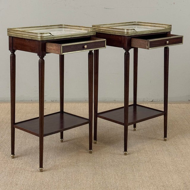 Pair of Antique French Louis XVI Mahogany End Tables With Carrara Marble Tops For Sale - Image 15 of 18