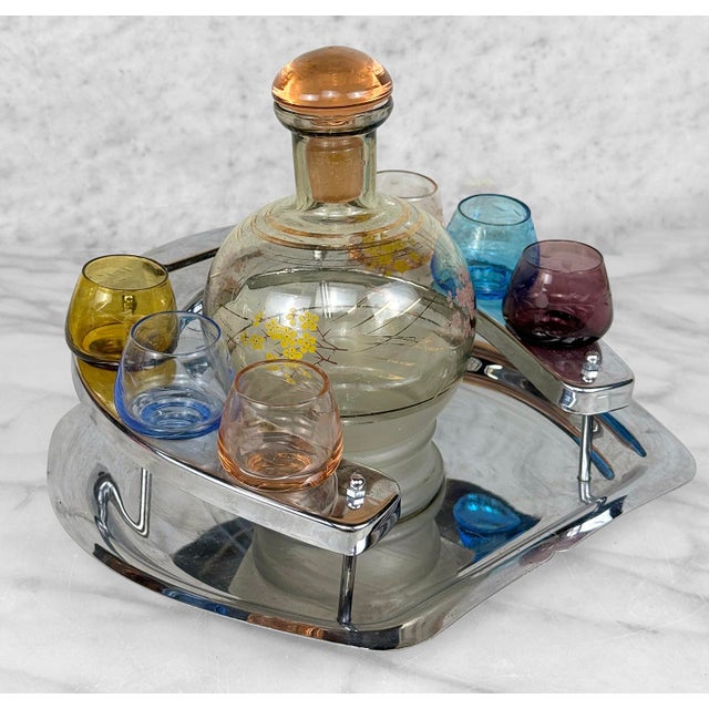 Mid-Century Modern Mid-Century Glass Cherry Blossom Liquor Decanter Serving Set & Etched Shot Glass For Sale - Image 3 of 10