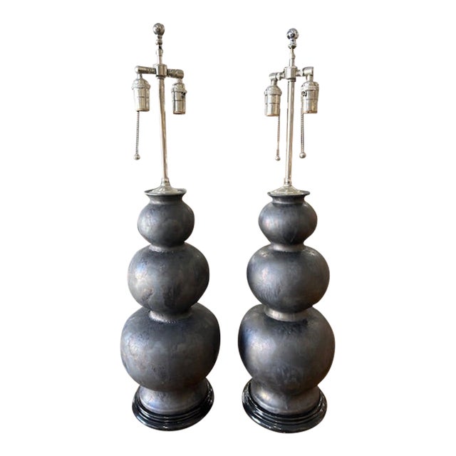 Jean Roger Antiqued Platinum Glazed Porcelain Gourd Lamps, a Pair For Sale