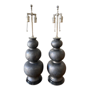 Jean Roger Antiqued Platinum Glazed Porcelain Gourd Lamps, a Pair