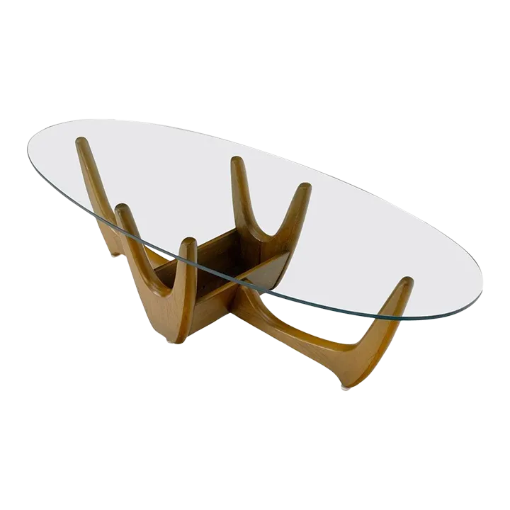 Oval Glass Top Sculptural Base Mid-Century Modern Coffee Table