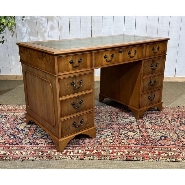 Vintage English Flat Desk with Drawers in Yew Wood with Leather Top, 1970s For Sale - Image 9 of 15