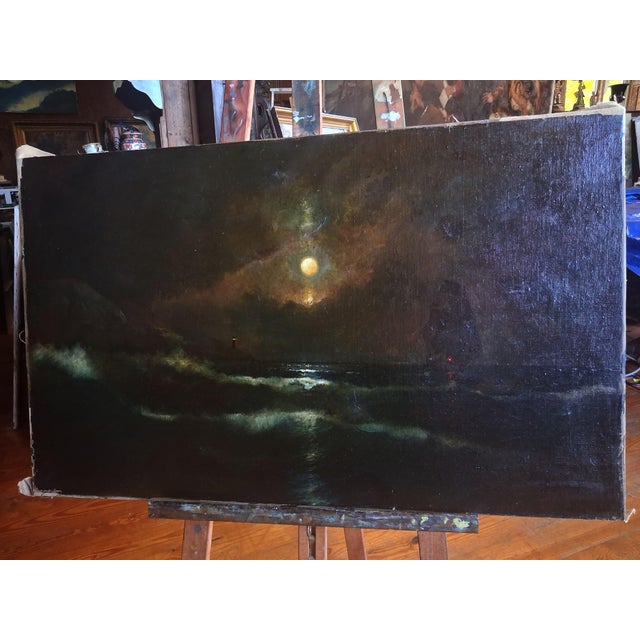 The American School 19th Century American School Moonlit Seascape and Shipwreck Oil Painting For Sale - Image 3 of 9