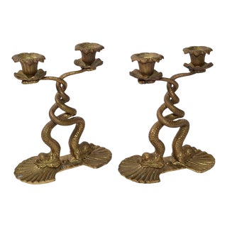 1930s Bronze Neoclassical 2 Candlelight Sea Serpent Candleholders- a Pair For Sale