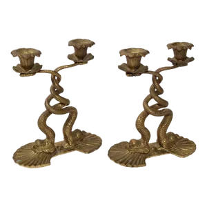 1930s Bronze Neoclassical 2 Candlelight Sea Serpent Candleholders- a Pair