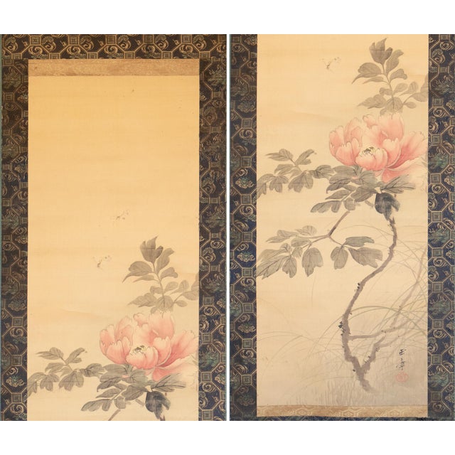 "Peony Flower and Butterflies" by Kawabata Gyokusho, Meiji Era Japanese Silk Scroll Painting For Sale - Image 4 of 16
