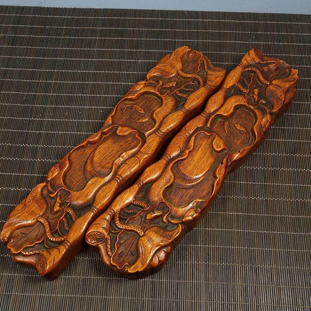 Asian Pair of Carved Rosewood Paperweights With Lotus Leaf Motif - Asian Scholar's Objects For Sale - Image 3 of 9