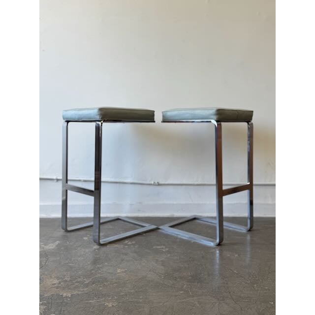Dove Gray Vintage Pair of Milo Baughman Style Barstools in Blue-Gray Alligator Vinyl For Sale - Image 8 of 11