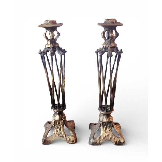 Metal Rare Pair Bronze Sculptured Brutalist Judaica Ceremonial Candlesticks ~ Chaim Hendin (b.1920) For Sale - Image 7 of 16