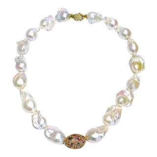 Bochic “Capri” Vintage Baroque Pearl & Multi Gem Necklace Set in 18K & Silver For Sale
