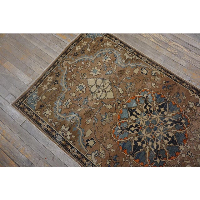 Lovely Traditional Camel Color Background and Dark Blue Border Floral Design Century Persian Tabriz Rug For Sale - Image 4 of 11