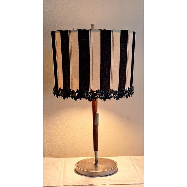 Mid-Century German Table Lamp with Metal Base, Teak Rod and Fabric Shade, 1960s For Sale - Image 4 of 12
