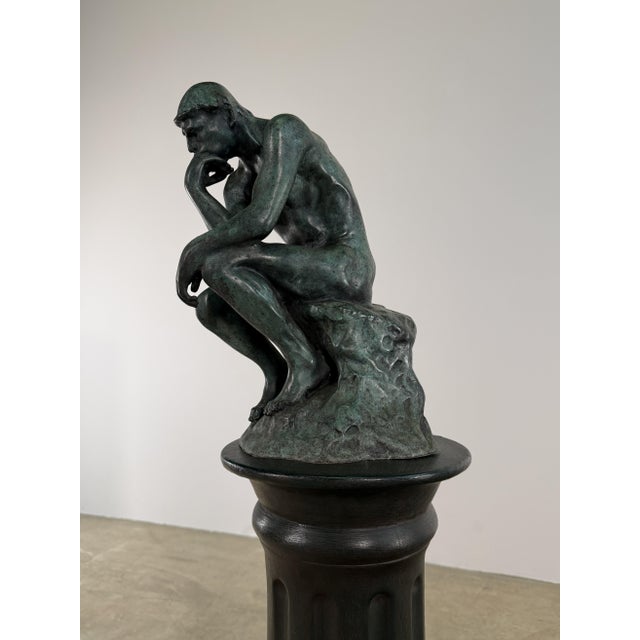 Figurative After Rodin “The Thinker” Bronze Sculpture, Signed, Green Patina – 14” For Sale - Image 3 of 12