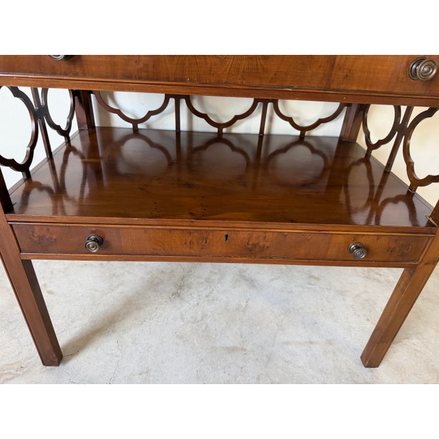 1970s 1970s Hollywood Regency Chinoiserie Burl Wood Two-Tier Nightstand / End Table For Sale - Image 5 of 12