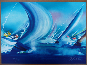 Victor Spahn, Course de voiliers en tête, Lithograph