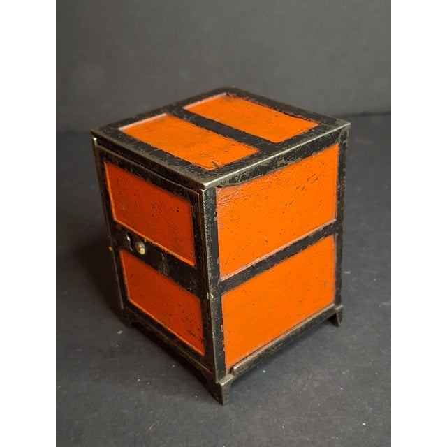 Antique 1880s Cast Iron Two Panel Door Safe Bank Orange Black Peirce Collection For Sale - Image 9 of 10