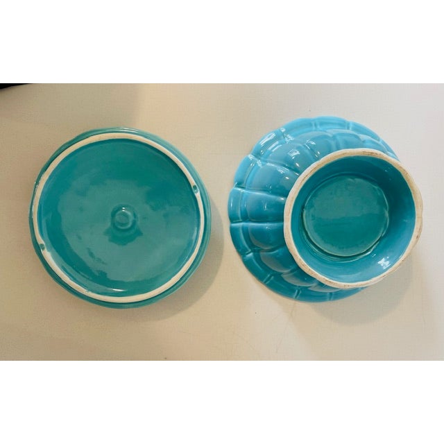 Mid 20th Century Turquoise Ceramic Bowl With Lid, Vintage For Sale - Image 9 of 15