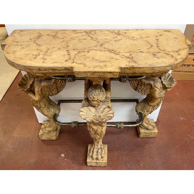 Neoclassical Cast Stone Iron & Brass Angel Caryatid Console Table For Sale - Image 12 of 12
