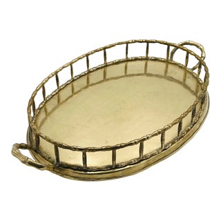1960s Vintage Brass Faux Bamboo Chinoiserie Oval Serving Tray For Sale