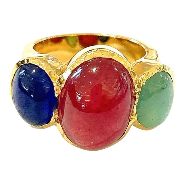 Bochic “Orient” Ruby, Emerald & Sapphire Vintage 3 Gem Ring Set in 18k & Silver Size 8 For Sale