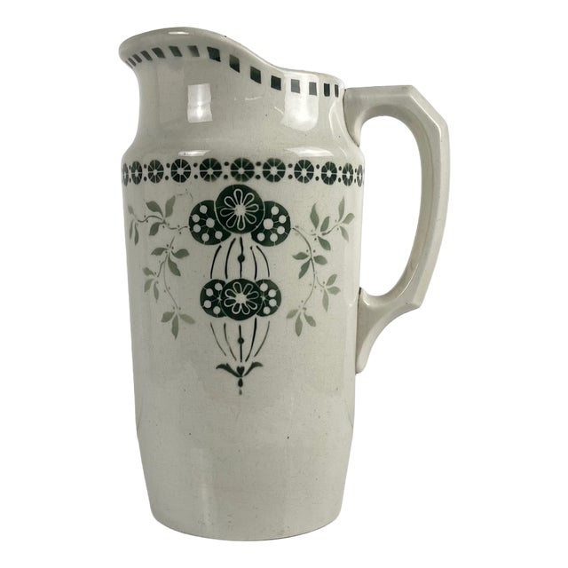 Antique Earthenware Pitcher with Green Floral Decoration, 1890s For Sale
