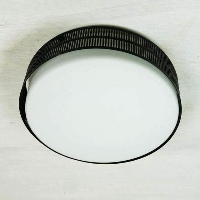 Mid-Century Modern Mid-Century Austrian Circular Black Metal and Opaline Glass Ceiling Lamp, 1960s For Sale - Image 3 of 6