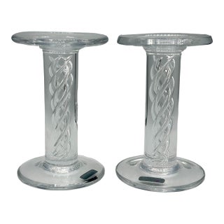 Pair of Simon Pearce Stratton Hand-Blown Air Twist Crystal Pillar Candlesticks, 7" For Sale