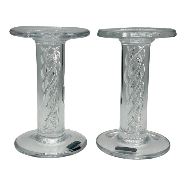 Pair of Simon Pearce Stratton Hand-Blown Air Twist Crystal Pillar Candlesticks, 7" For Sale