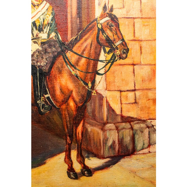 1930s Stately Ceremonial Guard British Military Soldier on Horse Royal Mews Oil Painting Art Home Wall Decor For Sale - Image 9 of 14