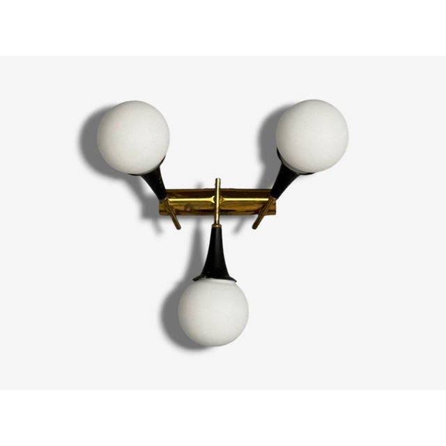 Mid-Century Modern Stilnovo, Italian Mid-Century Modern, Brass, Glass, Three Light Sconce, 1950s Unwired For Sale - Image 3 of 6