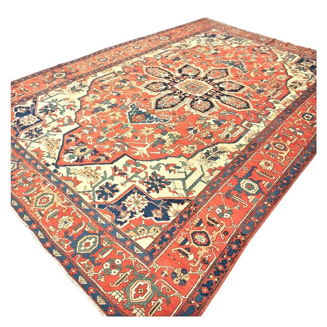 1910s Antique Persian Serapi 10x15 Rust & Navy Handmade Area Rug #1140796 For Sale - Image 5 of 14