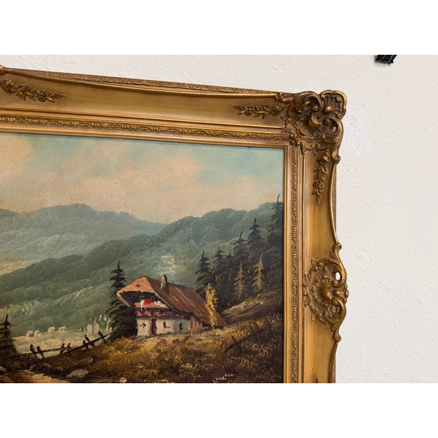 Large VTG Alpine Mountain Landscape Oil Painting European Cabin Framed Signed For Sale - Image 13 of 15
