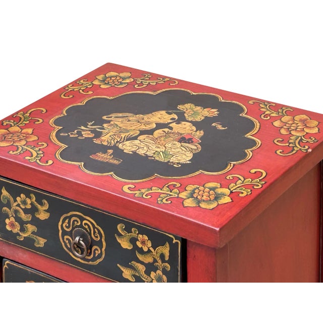 Oriental Red Black Doors Golden Flowers Graphic End Table Nightstand For Sale - Image 9 of 9