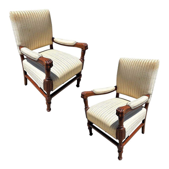 Pair of 1950s Mediterranean Style Carved Walnut Lion Paw Armchairs For Sale