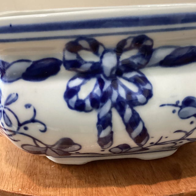 Ceramic Vintage Octagon Chinese Hand -Painted Blue & White Porcelain Bonsai Cachepot/ Planter For Sale - Image 7 of 12