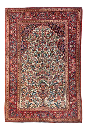 1920s-1930s Persian Red Ivory White Blue Floral Kashan Small Area Rug