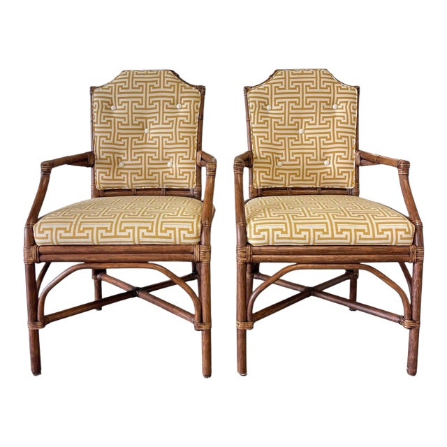 Palecek Pavilion Rattan Armchairs, Pair, Custom Greek Key Fabric, Hollywood Regency Style For Sale