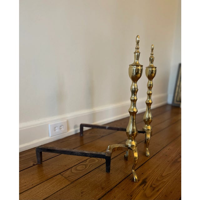 Traditional Vintage 1980s Polished Brass Andirons, Pair For Sale - Image 3 of 7