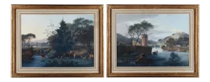 Landscape Paintings with Mill and Pastoral, Gouache on Paper, Set of 2