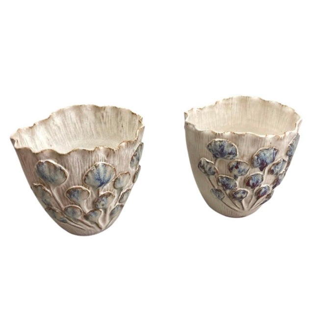 Mediterranean Pair of Vintage Italian Ceramic Art Pottery Vases With Relief Leaf Motif For Sale - Image 3 of 12