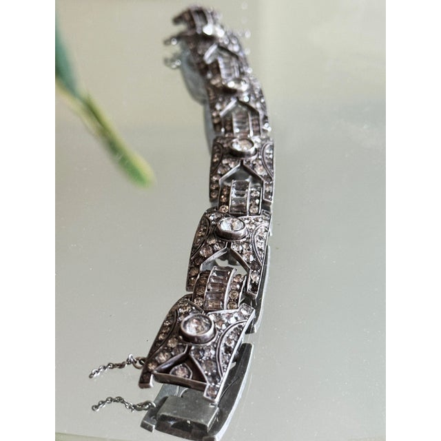 1920s Art Deco 935 Silver Panel Bracelet With Marquise Style Glass Stones For Sale - Image 12 of 13