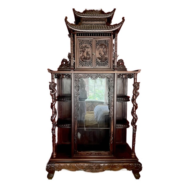 Early 20th Century Profusely Carved, Rosewood Display Cabinet in the Orientalist Style For Sale